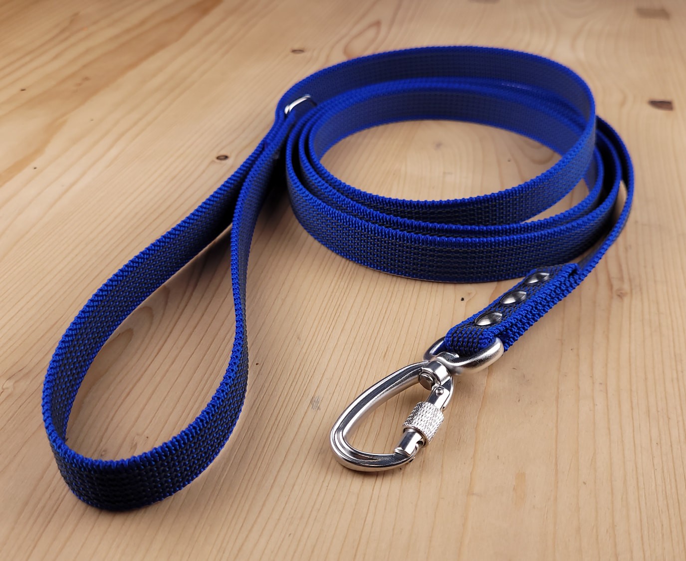 Image d'une laisse de 3m couleur bleu roi avec une sangle en caoutchouc antidérapant